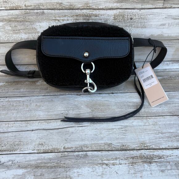 Rebecca Minkoff Handbags - NEW Rebecca Minkoff Blythe Black Leather Shearling Belt Bag Fanny Pack Dog Clip